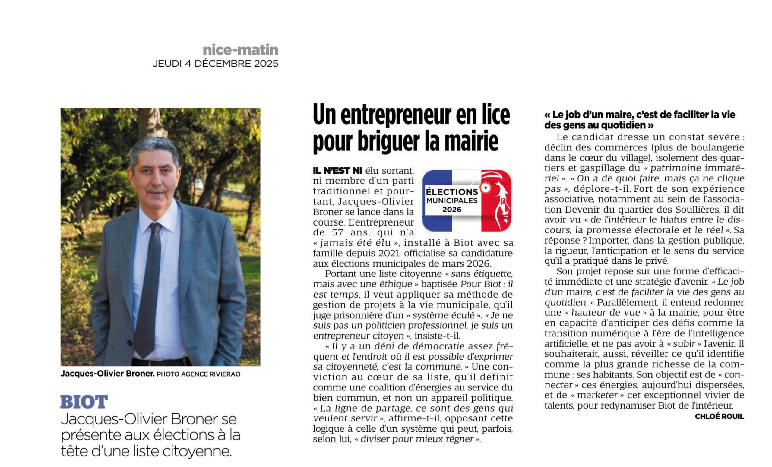 Je ne suis pas un politicien professionnel, je suis un entrepreneur citoyen » : à Biot, Jacques-Olivier Broner en lice pour les municipales 2026